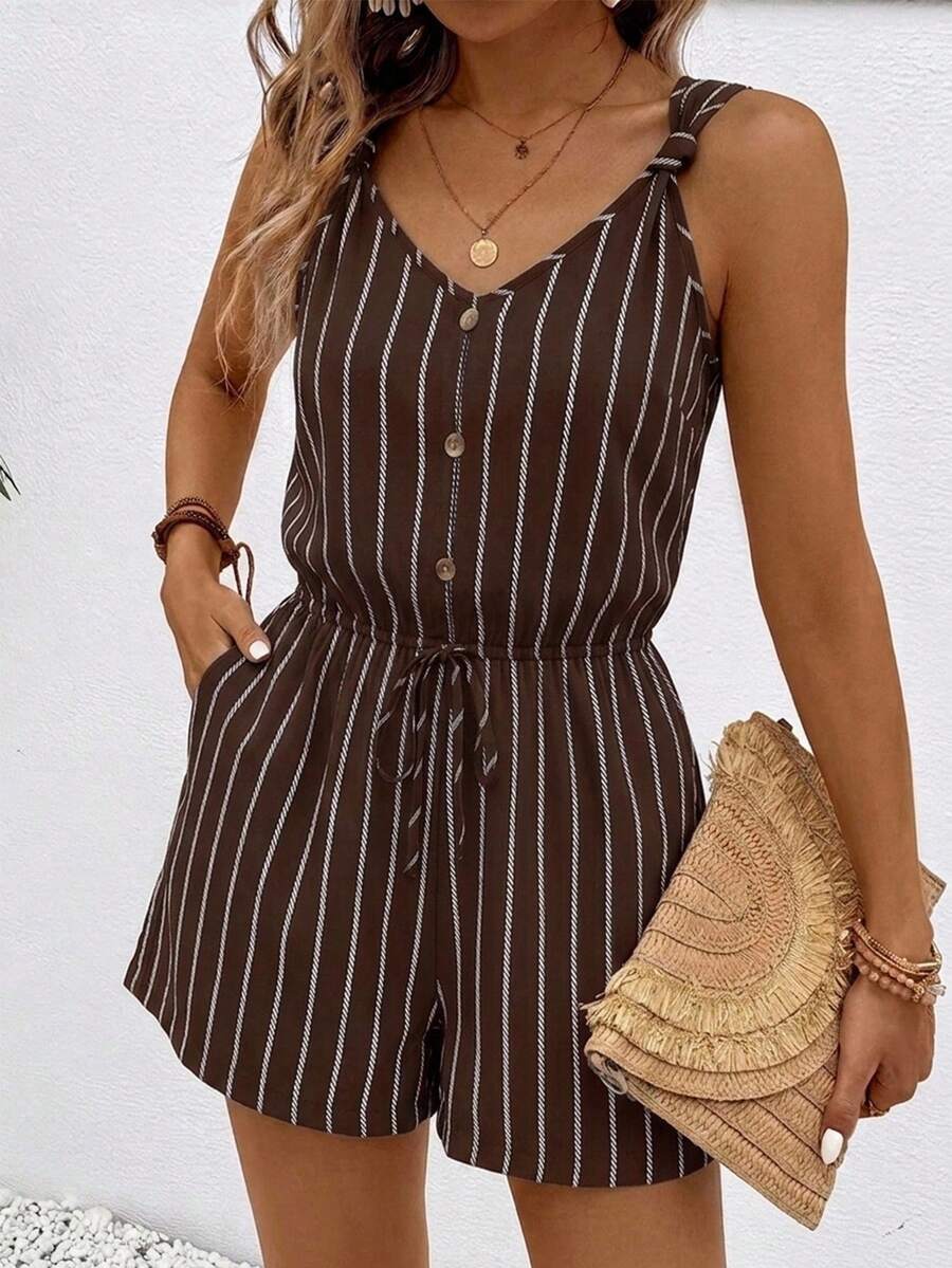 SHEIN Frenchy 女款條紋休閒日常穿搭連身褲 - 棕色 - 查看 1