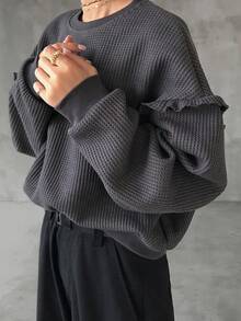FRIFUL Sweatshirt Kasual Wanita Warna Polos Leher Bulat Patchwork Ruffle Bahu Jatuh Lengan Panjang untuk Liburan Musim Gugur Abu-abu Gelap - Grey - View 1