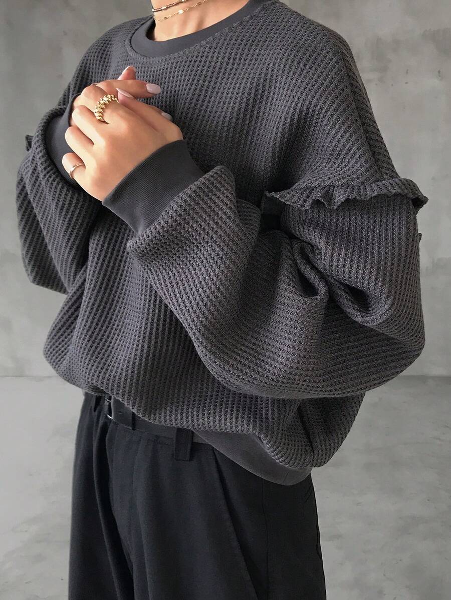 FRIFUL Sweatshirt Kasual Wanita Warna Polos Leher Bulat Patchwork Ruffle Bahu Jatuh Lengan Panjang untuk Liburan Musim Gugur Abu-abu Gelap - Grey - View 1