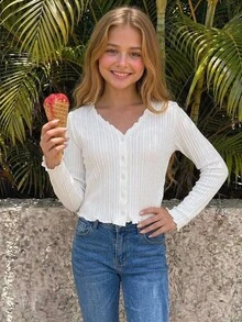 SHEIN Tween Girl Tween Girl Knit Textured Cardigan Jacket Sun Protection Cardigan Cable Knit Cardigan Jacket Children's Jacket Fall/Winter Outfits - White - View 6