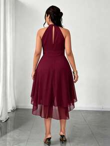 Elenzga Đầm size lớn cổ tròn sát nách, hai lớp bèo nhún, gấu váy bất đối xứng - Màu Đỏ Sâu - Xem 2