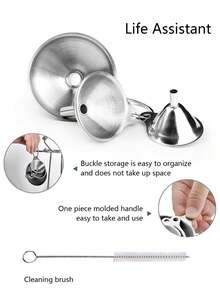 3 Sizes Stainless Steel Funnel Set With Filter Strainer & Cleaning Brush, Detachable Hanging Metal Funnels, Multi-Purpose Transfer Tool For Liquid Powder Oil Spice Wine, Easy Clean Kitchen Canning Bottling Accessory - View 2