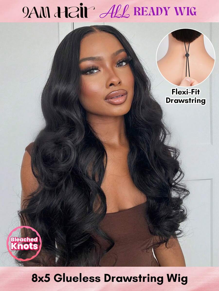 ALL READY WIG Body Wave Human Hair Wig 8x5 Glueless Lace Front Wig For Women, Pre Plucked Pre Cut Lace, Bye Bye Slip Drawstring Put On & Go Wig, Natural Black 150 Density 18 Inch