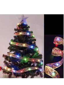 Christmas Decoration LED String Lights, Gold Ribbon Copper Wire Lights, Ribbon Colorful Lights, Copper Wire Lights, Christmas Tree Bow Satin Light Strip, 1m/3m/5m/10m Multiple Sizes Available - Golden Ribbon (Color Light) - View 8