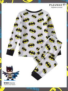 BATMAN X SHEIN 小男孩卡通印花長袖上衣與長褲舒適修身套裝，適合居家與外出穿著，百搭款 - 灰色 - 查看 2