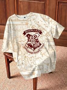 HARRY POTTER X SHEIN 大尺碼女款夏季休閒日常通勤學院風動物徽章與字母印花落肩寬鬆版型T恤 - 白色 - 查看 1