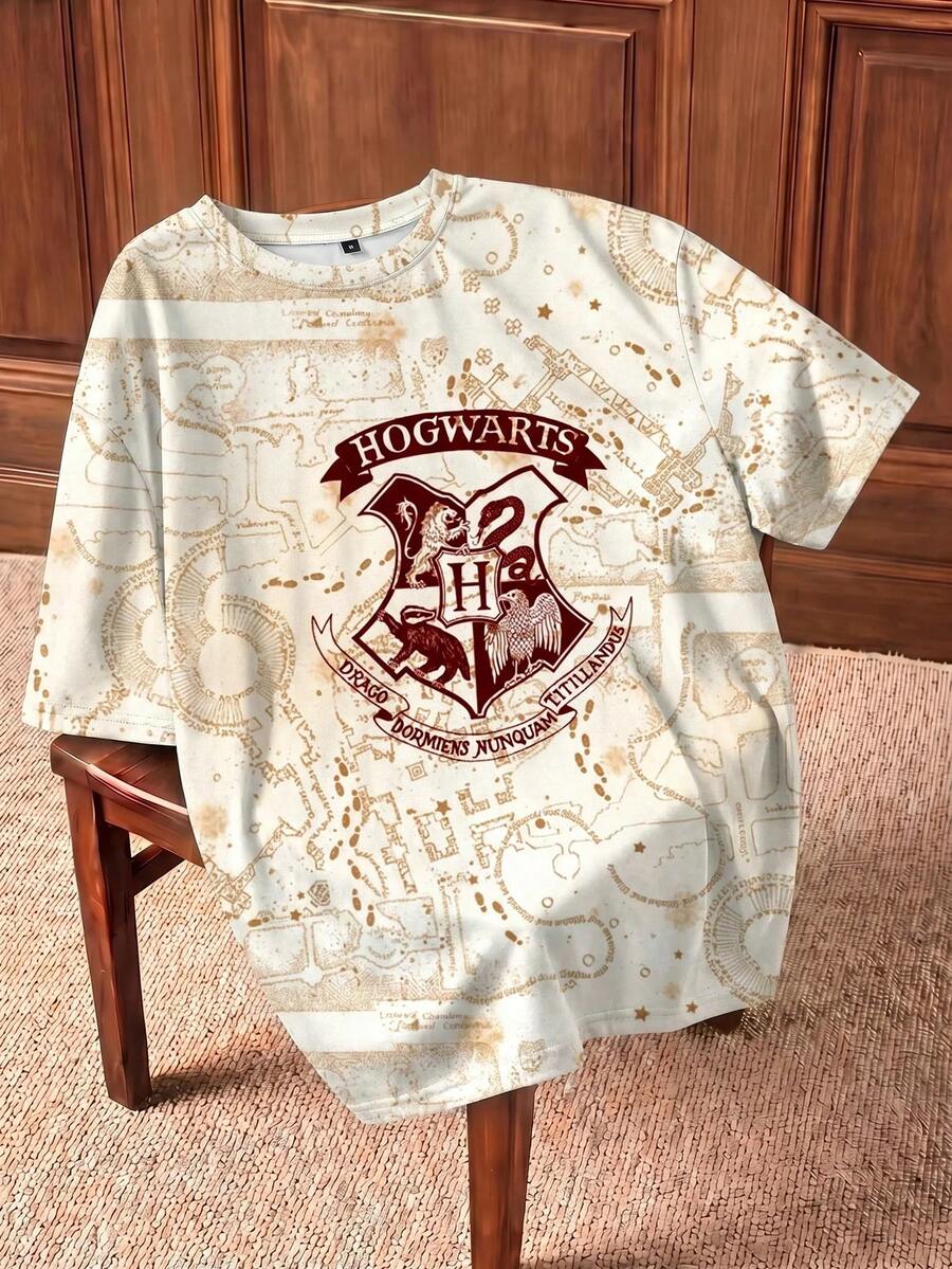 HARRY POTTER X SHEIN 大尺碼女款夏季休閒日常通勤學院風動物徽章與字母印花落肩寬鬆版型T恤 - 白色 - 查看 1