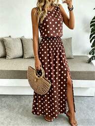 Breezaya Ärmelloses Maxikleid für Damen mit Rundhalsausschnitt, einfarbig, lässig und für den Alltag, mit geraffter Taille und Schlitzsaum, Damen-Outfit