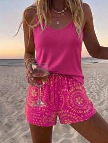 SHEIN LUNE 女款休閒極簡兩件套，適合夏季、度假、復古印花、夏季服飾、街頭風，適用於日常通勤、約會、聚會、秋冬/夏季、派對、婚禮、海灘、畢業典禮、優雅、休閒、外出、Y2K、音樂節穿搭、假日服飾、返校穿搭 - 彩色 - 查看 6