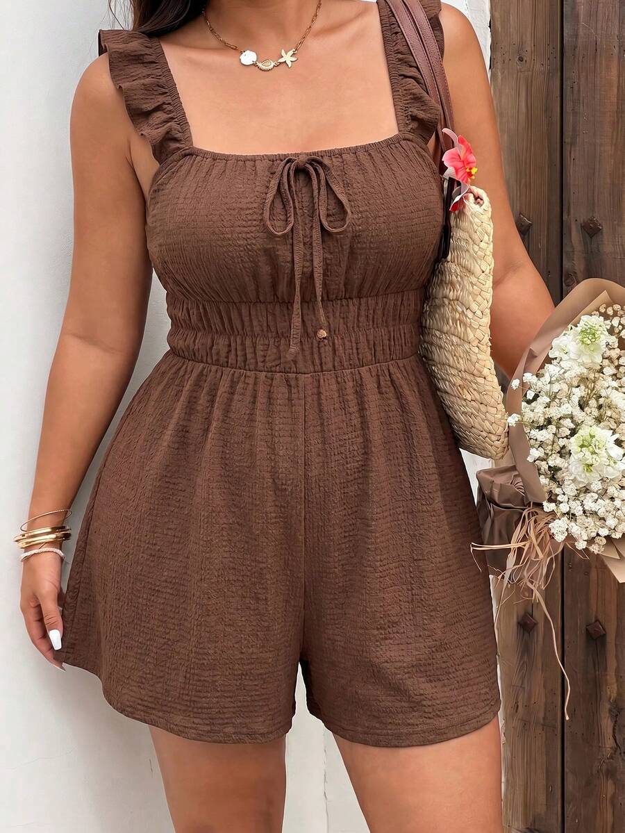 SHEIN MOD Mono de talla grande con detalle de volantes, tirantes centrales delanteros y decoración de cuentas de madera en verde aguacate y gris verde - Marrón - Ver 1