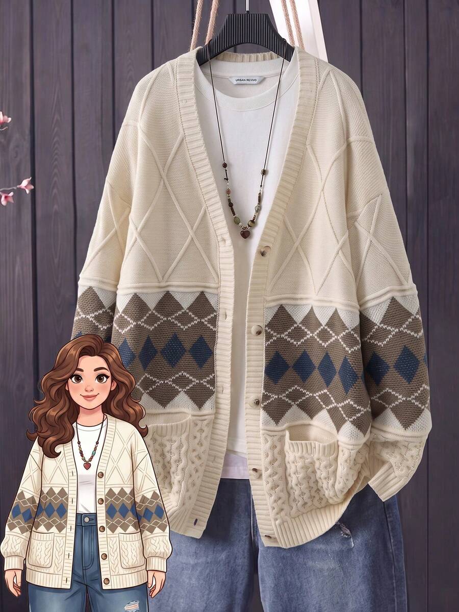 Rusticease Cardigan Rajut Tebal Musim Gugur/Dingin Wanita, Sweater Ukuran Besar dengan Motif Berlian Jacquard - Aprikot - View 1