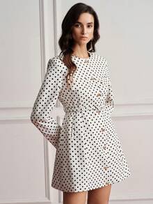 BELROSIE Casual Vintage Elegant Classic Belted Textured Herringbone Long Sleeve Dress Work Date White And Black Polka Dot Autumn - Multicolor - View 3