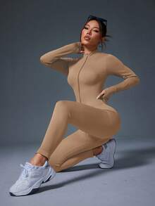 SHEIN With My Calm 羅紋拉鍊長袖運動連身衣 - 卡其色 - 查看 3