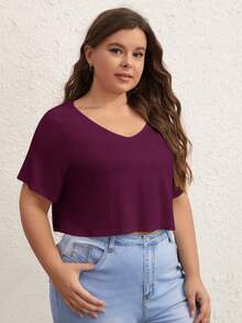 SHEIN BASICS Plus 1件純色V領短版T恤 夏季上衣 女款夏季穿搭 - 酒紅色 - 查看 5