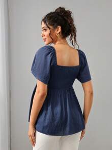 Momance Women's Elegant Textured Fabric Deep Pleated Ruffle Short Sleeve Maternity Top Casual Comfortable Maternity Babyshower Navy Blue Summer Party Morning - Navy Blue - View 6