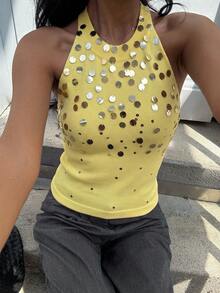 Siren Gaze Spaghetti Strap U-Shaped Backless Sequin Knit Top, Sequin Embroidered Camisole Top Night Party Yellow Autumn Sexy - Light Yellow - View 5