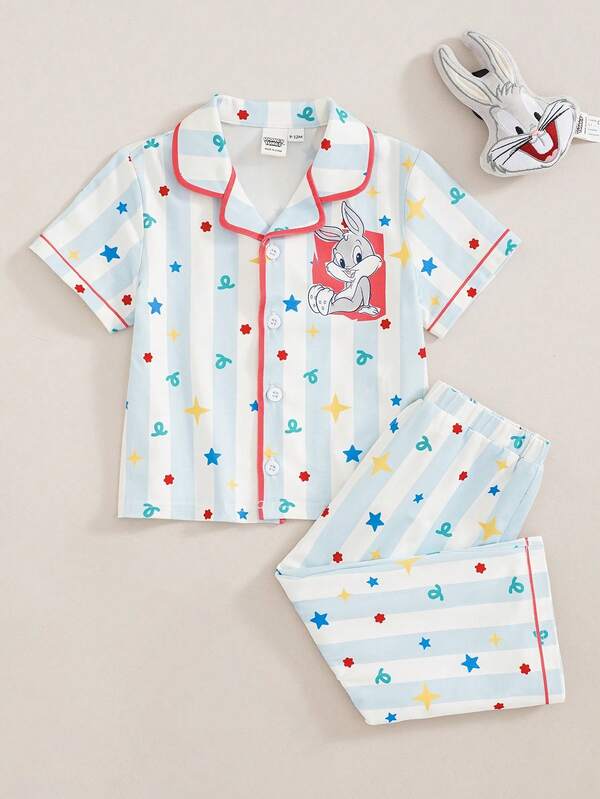 LOONEY TUNES X SHEIN Completo da casa per bambino con maglietta a maniche corte con stampa cartoni animati e monopetto e pantaloni lunghi a righe