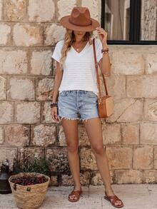 EMERY ROSE Vacation Casual Versatile Solid Color Texture Short Sleeve T-Shirt - White - View 3