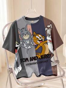 TOM & JERRY X SHEIN 男士圓領短袖全身印花T恤休閒日常款 - 白色 - 查看 1