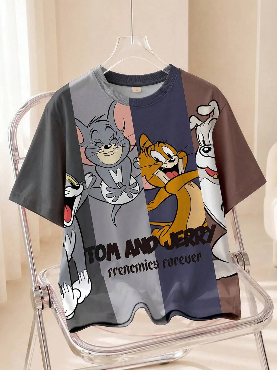 TOM & JERRY X SHEIN 男士圓領短袖全身印花T恤休閒日常款 - 白色 - 查看 1