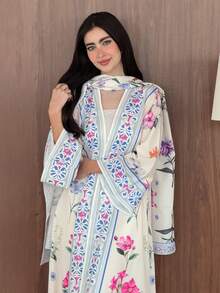 Yasmeen Edit Yasmeen Edit 2pcs Modest Printed Cardigan Abaya With Headscarf Set, Middle Eastern Dubai Style Outerwear Eid Spring - Printing Color - View 4