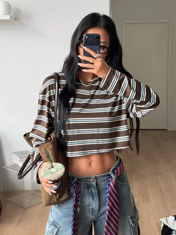 Coolane Women's Fall/Winter Streetwear Casual Daily Wear Basic Preppy Chic Renaissance Fair Brown Striped Comfortable Loose Long Sleeve Tees Autumn Outfit