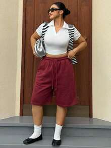 Dazy Plus Elastic Waist Loose Bermuda Shorts Sports CasualBermuda Shorts Plus Size Women Spring Summer Sweat Shorts - Burgundy - View 4