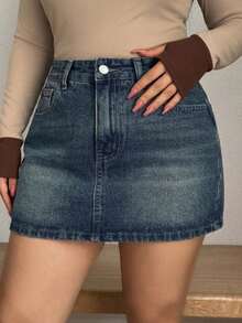 Dazy Plus Rok Denim Pendek Model A-Line Biru Tua Bergaya Vintage, Rok Mini Seksi Serbaguna - Dark Wash - View 9