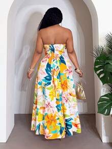 SHEIN CURVE+ Robe sans bretelles plissée à imprimé floral décontractée pour soirée pour femmes grandes tailles - Multicolore - Voir 2