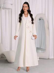Al Najma Áo khoác cardigan kiểu blazer họa tiết hoa 3D màu kem, đơn giản, sang trọng, đa năng - Màu be - Xem 4