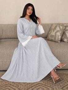 Al Najma Small V-Neck Front Button Chiffon Patchwork Printed Dress Teachers' Day Summer - Blue - View 1