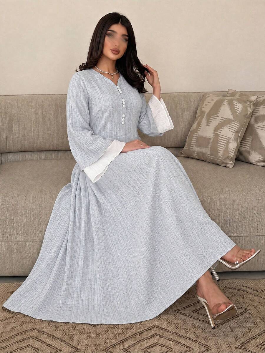 Al Najma Small V-Neck Front Button Chiffon Patchwork Printed Dress Teachers' Day Summer - Blue - View 1