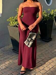INAWLY Plus Size Summer Fashion Solid Color Strapless Jumpsuit - Burgundy - View 3