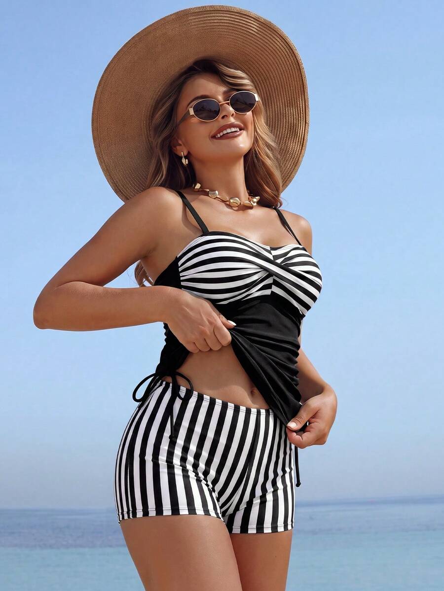 Swim Lushoire Women's 2 Pieces Solid Color Black And White Stripe Print Side Drawstring Top And Bikini Bottom Set, Spring/Summer Beach Coastal Chic Casual - Multicolor - View 1