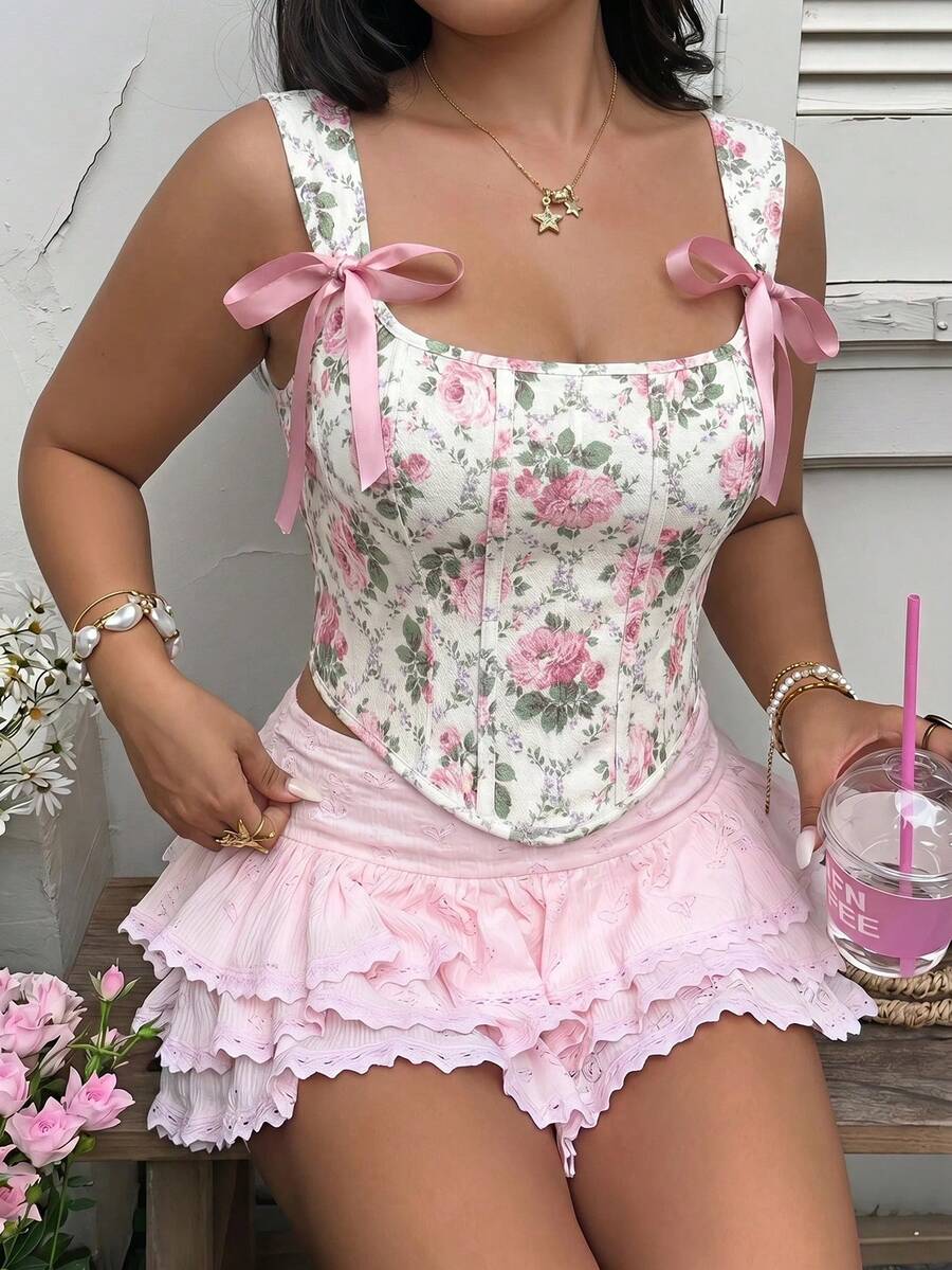 SHEIN MOD 大码复古花卉格纹交叉系带束身胸衣式背心——完美适用于度假、约会、野餐、派对、舞会、节日和生日；浪漫复古宫廷风花卉印花抹胸上衣，粉色丝带上衣，情人节、狂欢节服装