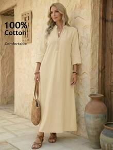 EMERY ROSE Plus Size Women's Summer Casual Boho Bohemian Traditional Vacation Country Solid 3/4 Sleeve Long Dress Going Out Brunch Outfits Beach Flowy Fall Beige - Apricot - View 8