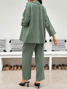 SHEIN Maternity Solid Color Single-Breasted Long Sleeve Top And Adjustable Waist Long Pants Casual Daily 2 Pieces Set Fall - Green - View 4