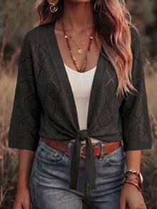 SHEIN Solid Color Hollow Knit Lace-Up Cardigan - Black - View 6