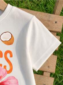 SHEIN Playful Pals 2件組女童熱帶水果花卉印花白色圓領短袖T恤與條紋短褲夏季可愛度假休閒嬰幼兒套裝 - 彩色 - 查看 5
