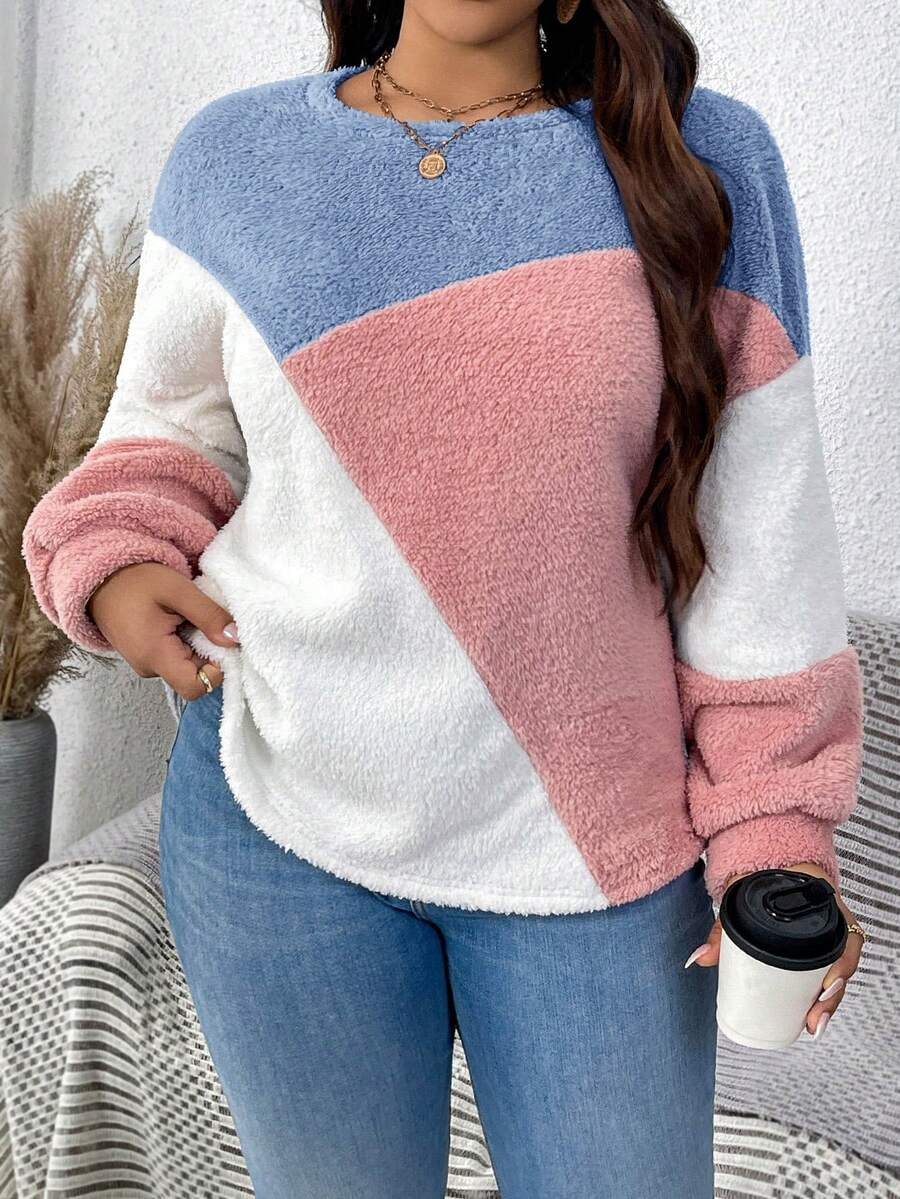 SHEIN LUNE Plus Size Plush Patchwork Contrast Color Crew Neck Pullover Sweatshirt Winter - Multicolor - View 1