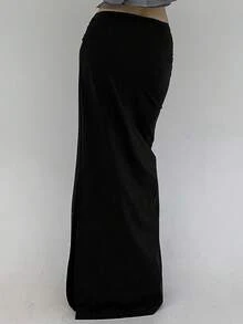 DAZY Women's Solid Color High Slit Skirt - Black - View 2