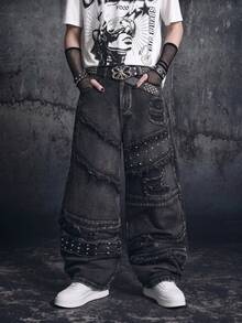 Vyqestra Men's Vintage Fashionable Versatile Rivet Frayed Distressed Wide Leg Loose Casual Daily Denim Jeans - Black - View 5