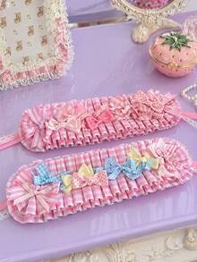 Zazumi 1PC/2PCS Kawaii Soft Girl Hair Band Pink Plaid Pleated Pastel Bows Ruffled Frill Hair Decor Accessory With Lace Strap For Casual Outings Gatherings - Multicolor - View 9