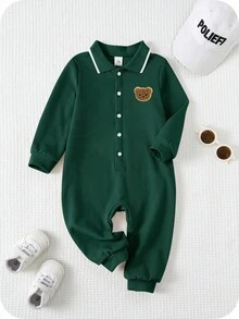 SHEIN 新生兒男嬰/女嬰秋冬款可愛卡通圖案 Polo 領長袖連身衣 - 綠色 - 查看 5