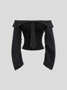Sweetra Women's Sweetro Elegant Casual Commute Night Out Business Office Off-Shoulder Pants Suit Set Black And White Striped Summer - Black - View 3