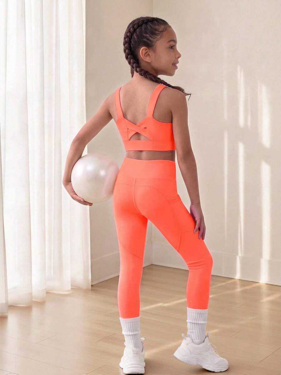 SHEIN Sports And Outdoor Young Girls' Set With Crossback Shoulder Straps, High Elasticity For Figure Enhancement, Free Stretching, Breathable And Sweat-Absorbing For Riding, Running, Indoor Dancing And Comprehensive Training - Burnt Orange - View 1