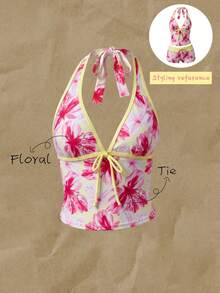 Elavelle Women's Spring/Summer Random Print Spaghetti Strap Bow Bikini Top - Multicolor - View 4