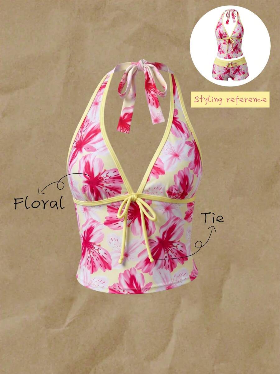 Elavelle Women's Spring/Summer Random Print Spaghetti Strap Bow Bikini Top - Multicolor - View 1