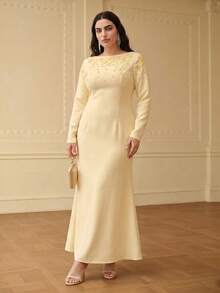 ZEYLAH Spring/Summer Beaded Long Sleeve Mermaid Dress - Yellow - View 3