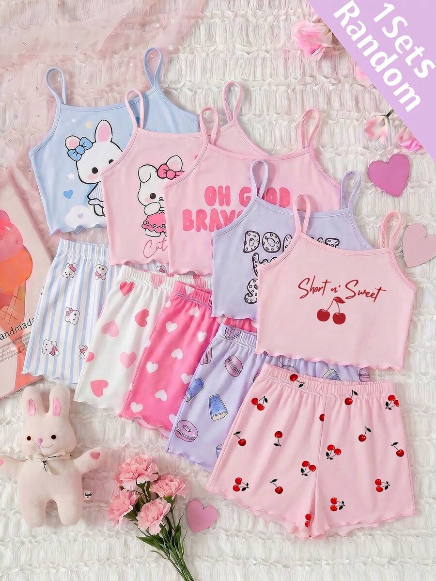 [Enviado al azar 1 set]Pijama para niñas preadolescentes, nuevo estilo de verano, lindo estampado de conejo de dibujos animados, lazo, cereza, letra inglesa, top de tirantes con volantes de punto y shorts con estampado integral, conjunto de 2 piezas 1 set (Enviado al azar) - Blanco - Ver 1